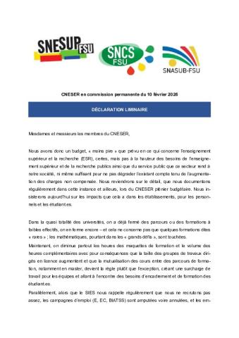 Déclaration liminaire de la FSU au CNESER en CP du 10 février 2026 