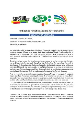 Déclaration liminaire de la FSU au CNESER en formation plénière du 10 mars 2026