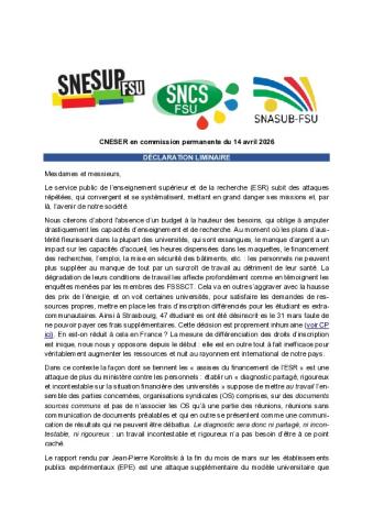 DÉCLARATION LIMINAIRE DU SNESUP-FSU, DU SNCS-FSU ET DU SNASUB-FSU – CNESER en commission permanente du 14 avril 2026