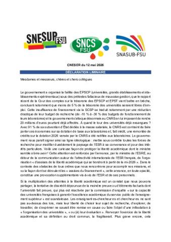 CNESER du 12 mai 2026 – DÉCLARATION LIMINAIRE du SNESUP-FSU, SNCS-FSU, SNASUB-FSU