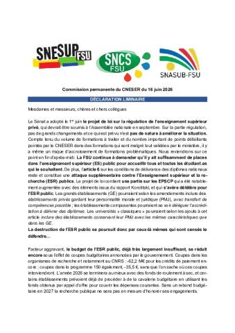 Déclaration liminaire de la FSU au CNESER en CP du 16 juin 2026
