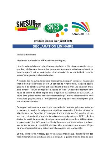 Déclaration liminaire de la FSU au CNESER plénier du mardi 7 juillet 2026