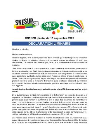 Déclaration liminaire de la FSU au CNESER plénier du mardi 15 septembre 2026