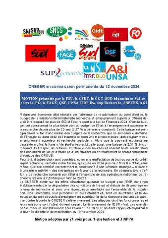 Motion intersyndicale du CNESER en CP du 12 novembre 2024 
