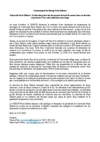 Université Paris Diderot : La direction prive des doctorants du droit de mener leurs recherches au prétexte d’un casier judiciaire non vierge - 21 novembre 2018