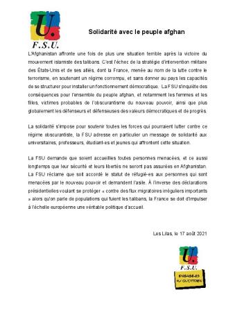  Solidarité avec le peuple afghan - Communiqué FSU du 18 août 2021