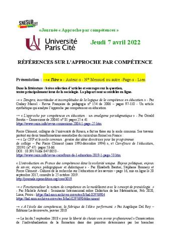 Programme de la journée Approche par compétences du 7 avril 2022