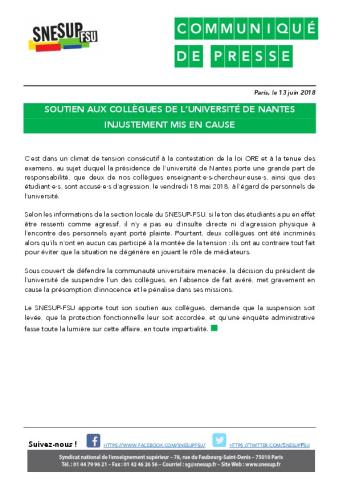 SOUTIEN AUX COLLÈGUES DE L’UNIVERSITÉ DE NANTES INJUSTEMENT MIS EN CAUSE - Communiqué de presse, 13 juin 2018