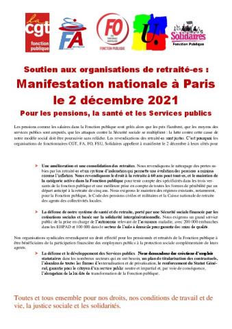 Soutien aux organisations de retraité-es : Manifestation nationale à Paris le 2 décembre 2021 Pour les pensions, la santé et les Services publics