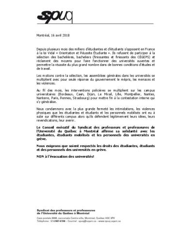 Québec : Expression de la solidarité du Syndicat des professeur·e·s de l'UQAM avec les étudiant·e·s, et les personnels mobilisés