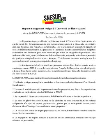 UNIVERSITÉ DE HAUTE ALSACE – Stop au management toxique ! 