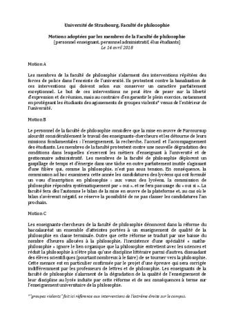 Université de Strasbourg : 3 motions adoptées par les membres de la faculté de philosophie, le 14 avril 2018