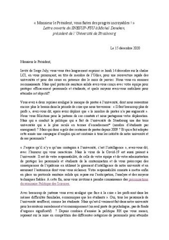 Université de Strasbourg : Lettre ouverte du SNESUP-FSU au président de l’Université, le 15 décembre 2020