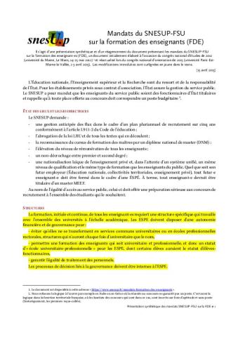Mandats du SNESUP-FSU sur la FDE (Congrès national d'orientation Marne-la-Vallée, 1er -3 avril 2015)