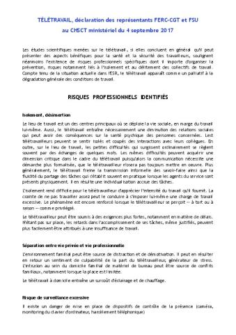  TÉLÉTRAVAIL : déclaration des représentants FERC-CGT et FSU au CHSCT ministériel du 4 septembre 2017