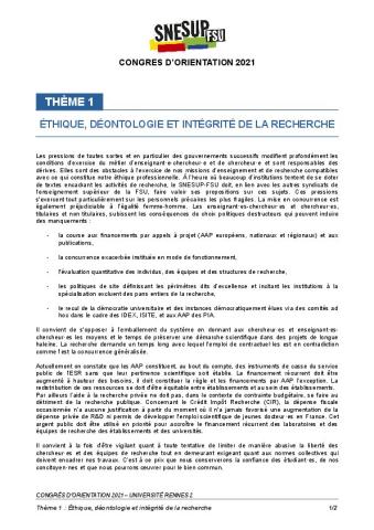 Texte commission 1 - Éthique, déontologie et intégrité de la recherche,  voté au congrès d'orientation 2021 à Rennes 