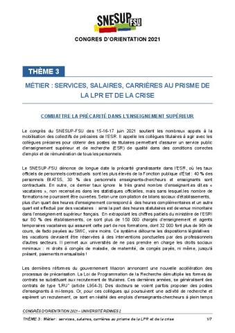 Texte commission 3 - Métier - services, salaires, carrières au prisme de la LPR et de la crise, voté au congrès d'orientation 2021 à Rennes