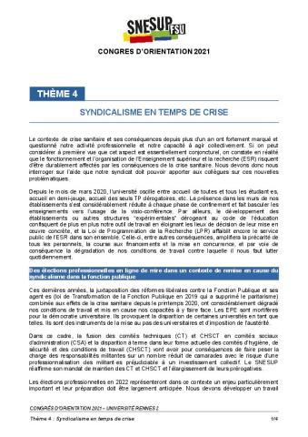 Texte commission 4 - Syndicalisme en temps de crise, voté au congrès d'orientation 2021 à Rennes