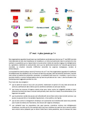 1er mai : « Plus jamais ça ! » - CP commun de 25 organisations du 29 avril 2020