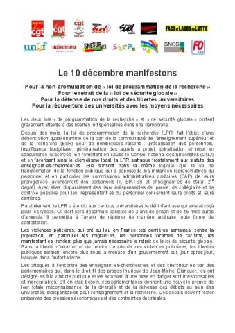 Le jeudi 10 décembre - Appel de l’intersyndicale de l’ESR  à la grève et à la manifestation  - Communiqué intersyndical du 2 décembre 2020