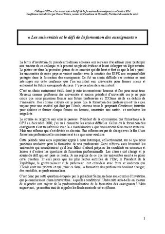 « Les universités et le défi de la formation des enseignants » | Conférence introductive de D. Filâtre, Colloque CPU, Octobre 2014