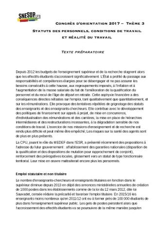 Thème 3 : statuts des personnels, conditions de travail  et réalité du travail