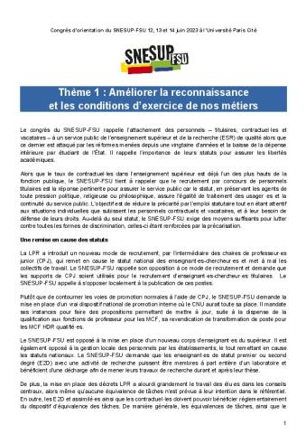 THEME 1 : Améliorer la reconnaissance et les conditions d'exercice de nos métiers 