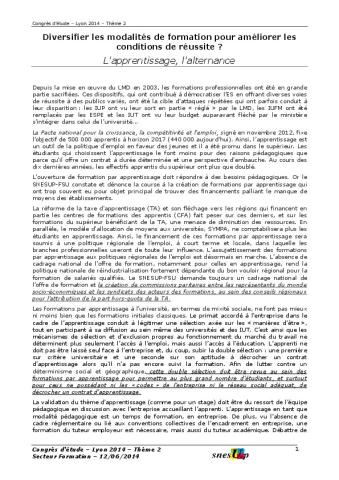 Thème 2 : Diversifier les modalités de formation pour améliorer les conditions de réussite ? L'apprentissage, l'alternance