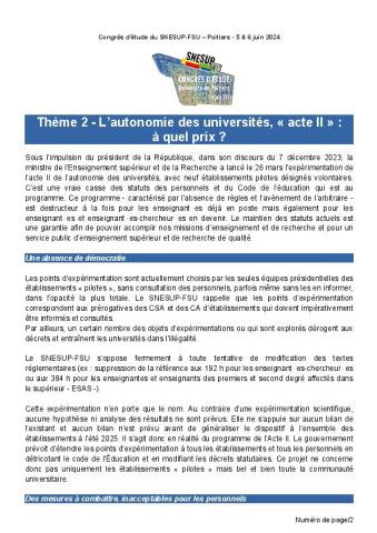 Synthèse - Thème 2 : L'autonomie des universités, "acte II" : à quel prix ? 