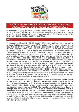 THÈME 2 : Autonomie et destructuration de l’ESR, quelles incidences et alternatives ?
