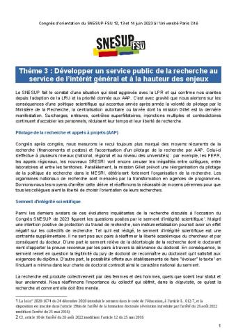 Thème 3 : Développer un service public de la recherche au service de l’intérêt général et à la hauteur des enjeux