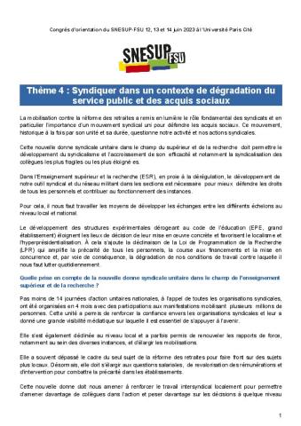Thème 4 : Syndiquer dans un contexte de dégradation du service public et des acquis sociaux