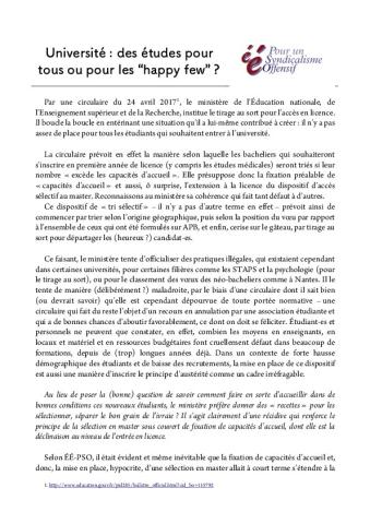 Université : des études pour tous ou pour les “happy few” ? – Contribution ÉÉ-PSO