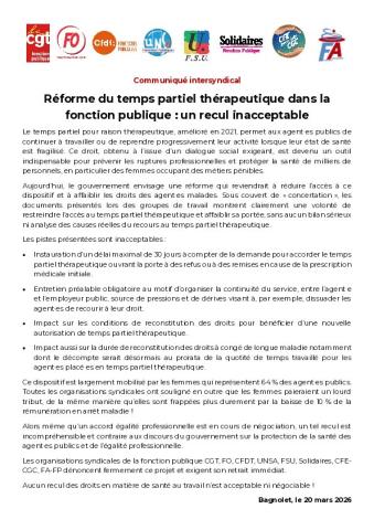 Réforme du temps partiel thérapeutique dans la fonction publique : un recul inacceptable - Communiqué intersyndical du 20 mars 2026