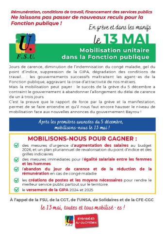Pour la Fonction publique, pour les agents et les agent·es : mobilisation mardi 13 mai !
