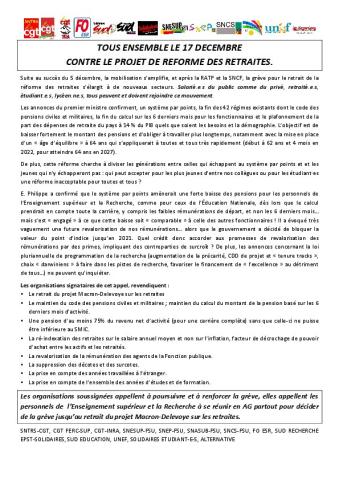 Appel de l’intersyndicale de l'ESR 