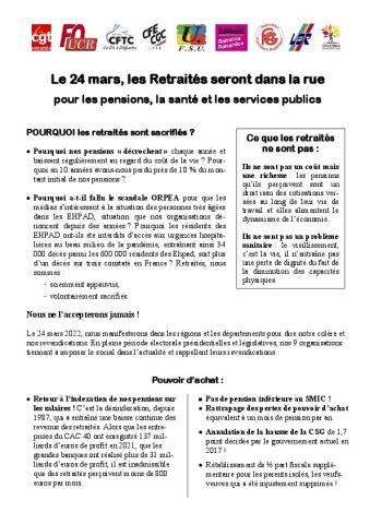 Le 24 mars, les Retraités seront dans la rue pour les pensions, la santé et les services publics  - Tract d'appel pour l'action des retraité-es du 24 mars 