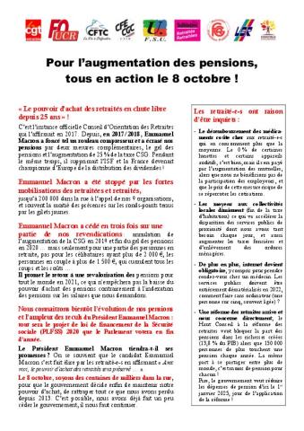 Pour l’augmentation des pensions, tous en action le 8 octobre ! - Tract retraite, octobre 2019