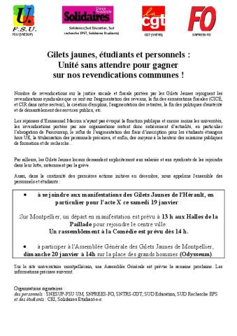 Gilets jaunes, étudiants et personnels : Unité sans attendre pour gagner  sur nos revendications communes ! - Tract intersyndical, des étudiants et personnels de Montpellier, 17 janvier 2019