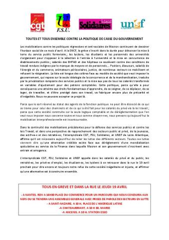 TOUTES ET TOUS ENSEMBLE CONTRE LA POLITIQUE DE CASSE DU GOUVERNEMENT - Tract de l'intersyndicale 44, 17 avril 2018