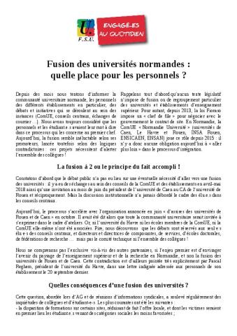 Fusion des universités normandes : quelle place pour les personnels ? - Tract FSU de l'Université de Rouen-Normandie