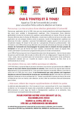 OUI À TOUTES ET À TOUS ! APPEL AU CA DE L’UNIVERSITÉ DE LORRAINE POUR UNE ACTION FORTE CONTRE LA SÉLECTION EN LICENCE