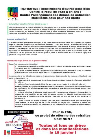 RETRAITES : construisons d’autres possibles. Contre le recul de l’âge à 64 ans ! Contre l'allongement des durées de cotisation ! Mobilisons-nous pour nos droits ! - Tract FSU