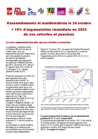 Rassemblements et manifestations le 24 octobre : + 10% d'augmentation immédiate en 2023 de nos retraites et pensions - Tract unitaire