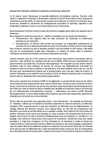 Tribune interfédérale - Aujourd'hui et demain, combattre la sélection à l'entrée de l'université