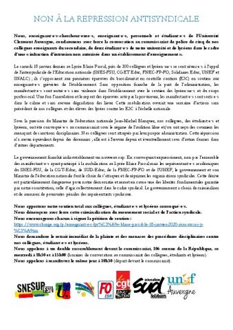 Université Clermont Auvergne : Tribune. « Non à la répression antisyndicale » - 28 janvier 2020