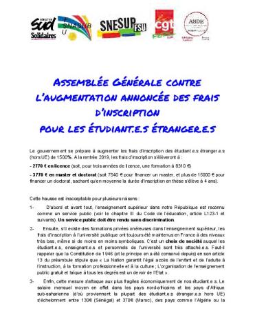 Université de Franche-Comté : Assemblée Générale contre l’augmentation annoncée des frais d’inscription pour les étudiant.e.s étranger.e.s
