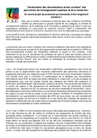 Communiqué de presse FSU du 1er septembre 2020 - Avant-projet de protocole revalorisation