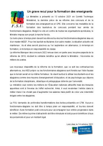 Un grave recul pour la formation des enseignants - Communiqué de presse de la FSU du 14 octobre 2021