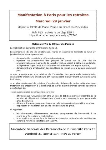 Université Sorbonne Paris Nord (Ex 13) : Motion de l'assemblée générale des personnels réunie le 27 janvier 2020